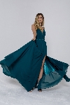 V-Neck Rhinestones Belt Front Slit Long Bridesmaid Dress in Emerald Green