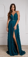 V-Neck Rhinestones Belt Front Slit Long Bridesmaid Dress in an alternative image