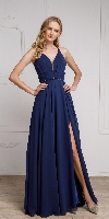 V-Neck Rhinestones Belt Front Slit Long Bridesmaid Dress in Navy