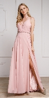 V-Neck Rhinestones Belt Front Slit Long Bridesmaid Dress in Rose