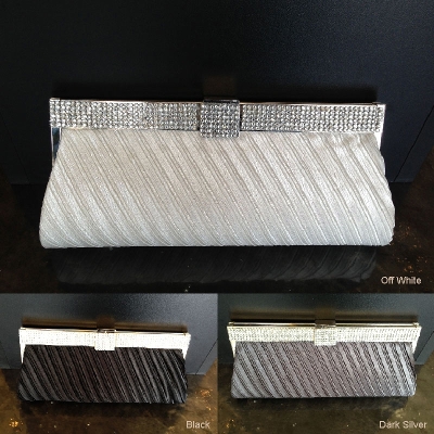 Diagonal Patterned Evening Bag with Rhinestones Metal Trim