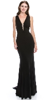 V-neck Sequins Accent Fitted Long Formal Evening Dress in Black