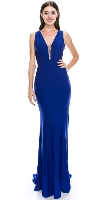V-neck Sequins Accent Fitted Long Formal Evening Dress in Royal Blue