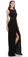 Round Neck Sleeveless Sheer Neck & Waist Long Formal Dress in Black