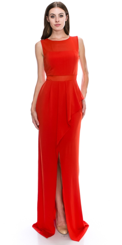Round Neck Sleeveless Sheer Neck & Waist Long Formal Dress