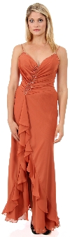 Main image of Shirred and Beaded Ruffled Long Prom Dress with Slit