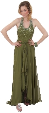Main image of Beaded Halter Formal Prom Dress with Shirrs and Ruffles