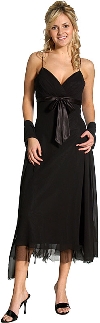 Spaghetti Straps Satin Bow Tea Length Cocktail Party Dress in Black