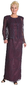 Handbeaded Full Dress with Jacket in Plum color
