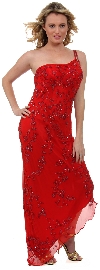 One Shoulder Prom Dress with Beaded Miniature Flowers in Red