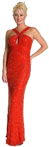Halter Neck Long Beaded Gown with Flared Bottom in Red color
