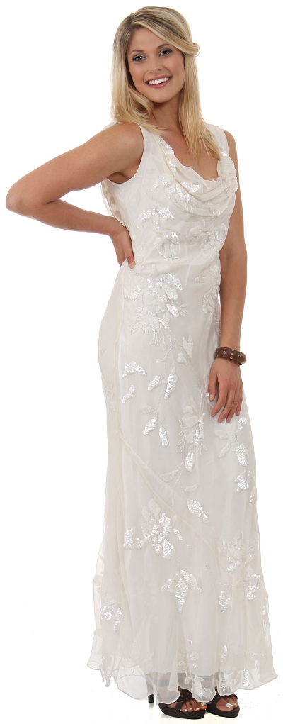 Cowl Neck Sequined Long Formal Dress with Floral Beading
