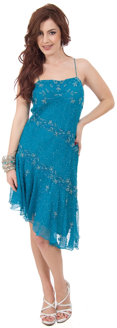 Asymmetric Hem Spaghetti Straps Beaded Short Cocktail Dress