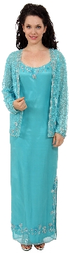 Long Formal Beaded Dress with Matching Jacket  in Turquoise with Jacket
