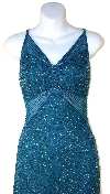 Fully Beaded Slim Cut Formal Dress in Teal Closeup