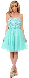 Strapless Sequin Flower Bodice Tulle Short Prom Dress Aqua, front view of sequin flower bodice