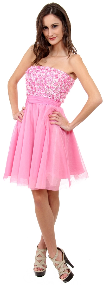 Strapless Sequin Flower Bodice Tulle Short Prom Dress