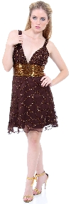 Fully Beaded V-Neck Short Dress in Bronze color