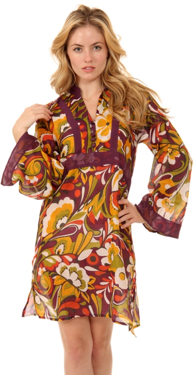 Long Sleeve Floral Print Plum Summer Dress Tunic