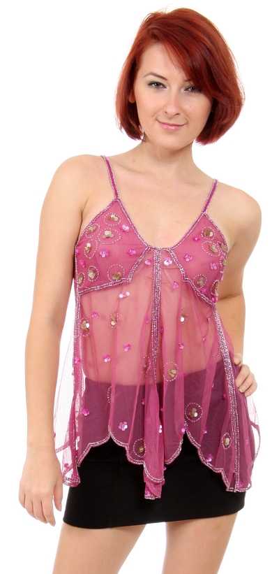 Spaghetti Strapped Petal Beaded Translucent Top