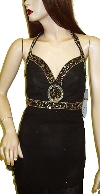 Halter Neck Sequined Top with Round Beadwork Patch in Black/Multi