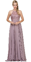 Lace Bodice Criss Cross Back Long Bridesmaid Dress in Mocha