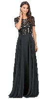 Boat Neck Half Sleeves Beaded Mesh Top Long Formal MOB Dress in Black