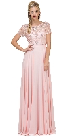 Boat Neck Half Sleeves Beaded Mesh Top Long Formal MOB Dress in Blush