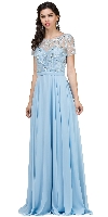 Boat Neck Half Sleeves Beaded Mesh Top Long Formal MOB Dress in Sky Blue