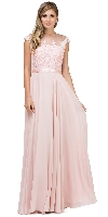Embroidered Mesh Bodice Long Chiffon Prom Formal Dress in Blush