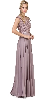 Embroidered Mesh Bodice Long Chiffon Prom Formal Dress in Mocha