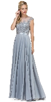 Embroidered Mesh Bodice Long Chiffon Prom Formal Dress in Silver