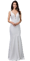 Deep V-Neck Drop Waist Long Formal Evening Dress in Off White