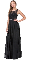 Lace Bodice Beaded Waist Long Chiffon Bridesmaid Dress in Black
