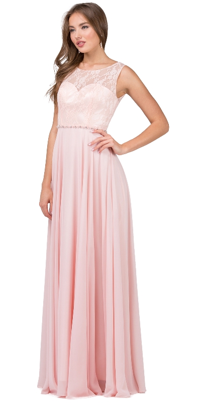 Lace Bodice Beaded Waist Long Chiffon Bridesmaid Dress