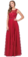 Lace Bodice Beaded Waist Long Chiffon Bridesmaid Dress in Burgundy
