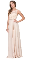 Lace Bodice Beaded Waist Long Chiffon Bridesmaid Dress in Champaign