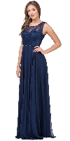 Lace Bodice Beaded Waist Long Chiffon Bridesmaid Dress in Navy