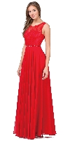 Lace Bodice Beaded Waist Long Chiffon Bridesmaid Dress in Red