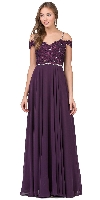 Cold Shoulder Beaded Lace Bodice Long Prom Dress in Plum
