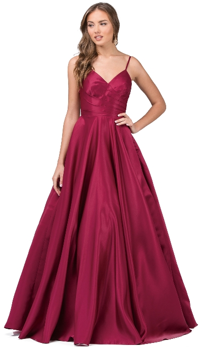 V-Neck Adjustable Straps Pleated Bust Long Prom Dress
