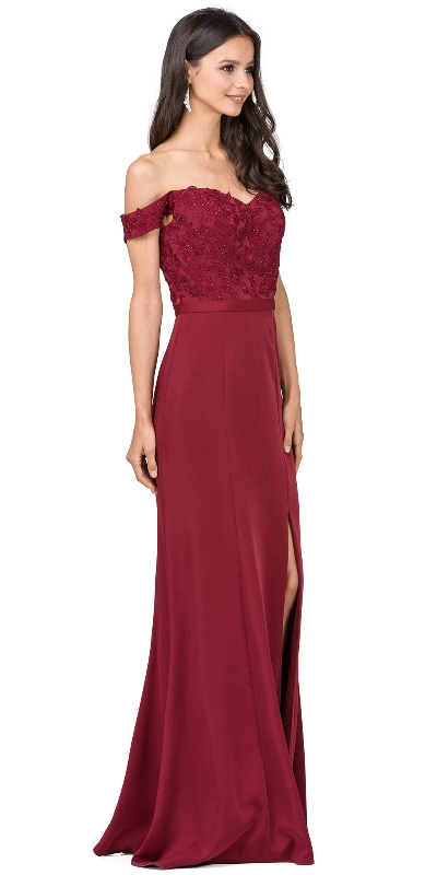 Off-the-Shoulder Lace Accent Top Long Prom Dress