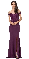 Off-the-Shoulder Lace Accent Top Long Prom Dress in Plum