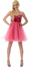Strapless Flowered Waistline Sequin Party Dress in Fuchsia