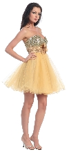 Strapless Flowered Waistline Sequin Party Dress in Gold
