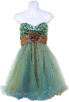 Strapless Flowered Waistline Sequin Party Dress in Turquoise/Brown