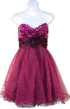 Strapless Flowered Waistline Sequin Party Dress in Plum color