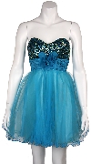 Strapless Flowered Waistline Sequin Party Dress in Turquoise/Olive Green