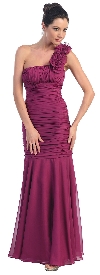 Shirred Single Shoulder Formal Evening Dress in Magenta