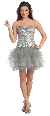 Strapless Sequined Short Party Cocktail Dress in Silver